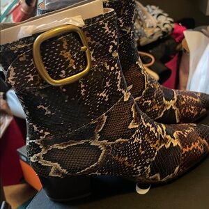 Coach Snake-Print Ankle Boots with Buckle - Black/Brown/Cream
